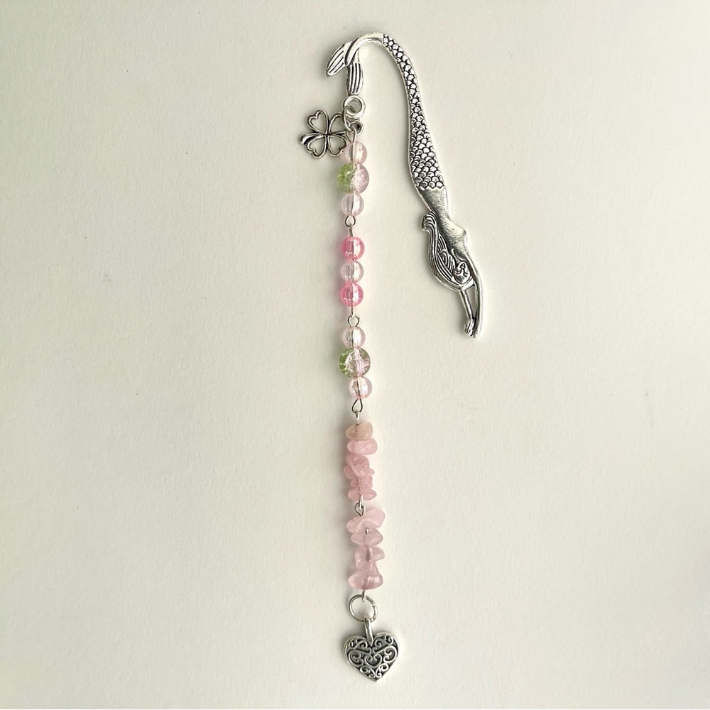 Mermaid Silver Bookmark with Pink Beads